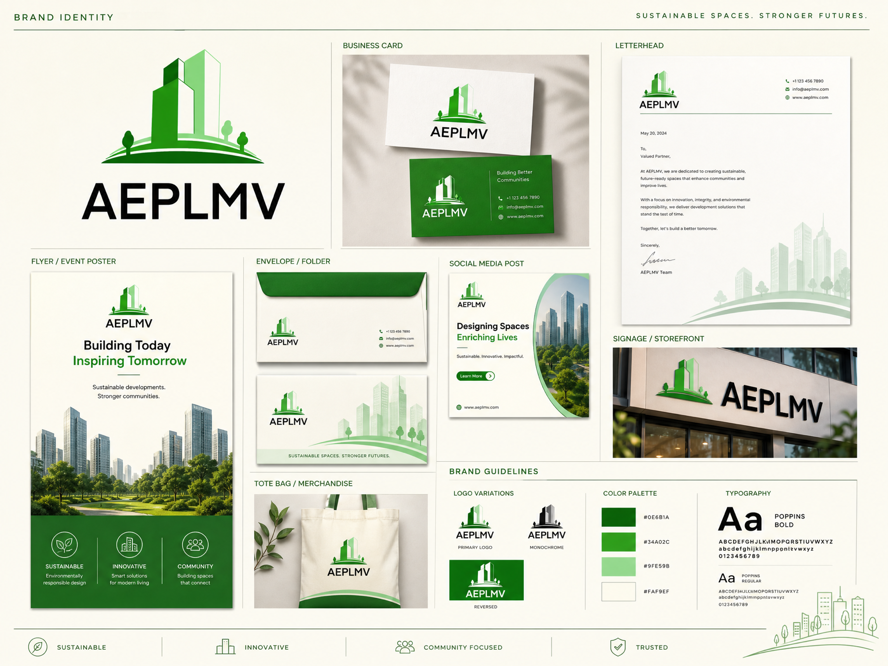 AEPLMV brand identity overview — stationery, signage, guidelines